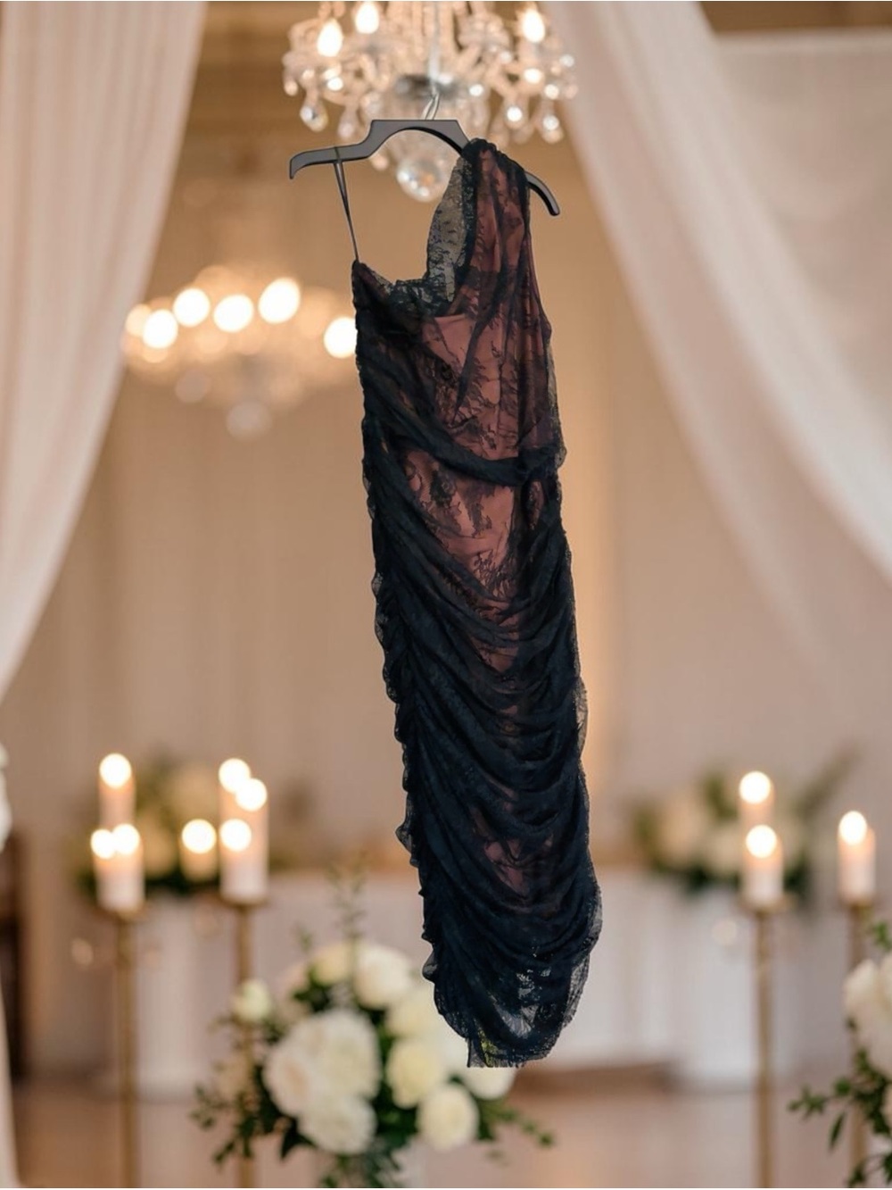 Black Lace Draped Evening Gown